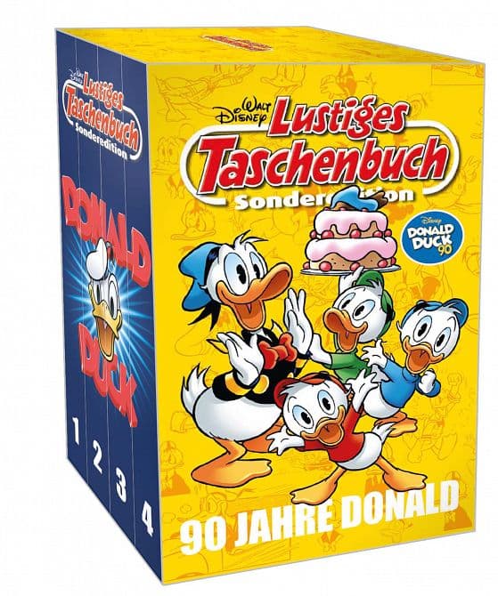 LUSTIGES TASCHENBUCH 90 JAHRE DONALD ( 4 BÄNDE IM SCHUBER )
